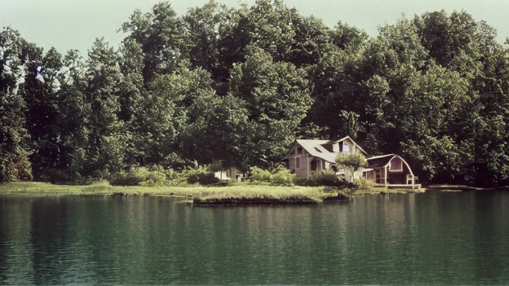 Prompt: ektachrome sample photo of a house on a lake side