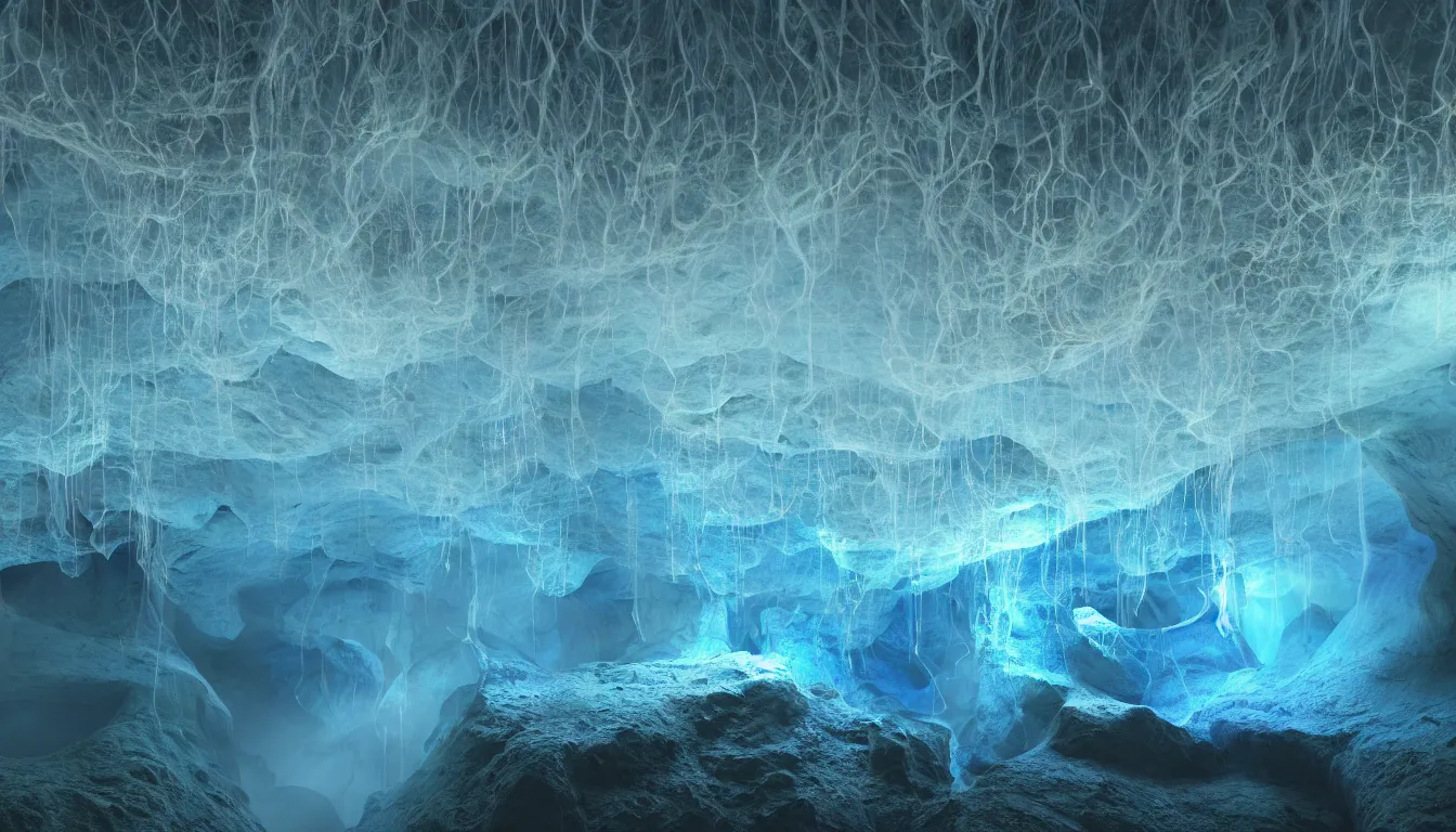 Prompt: expansive caves filled with emerging biodiversity water vapour rising from the pools of liquid, dusk light illuminates dappled areas , volumetric light !dream feedback loop , burst of powders ,detailed entangled fibres ,volumetric lighting, twisting vapour, bellowing dust , full colour , upscale , 4k