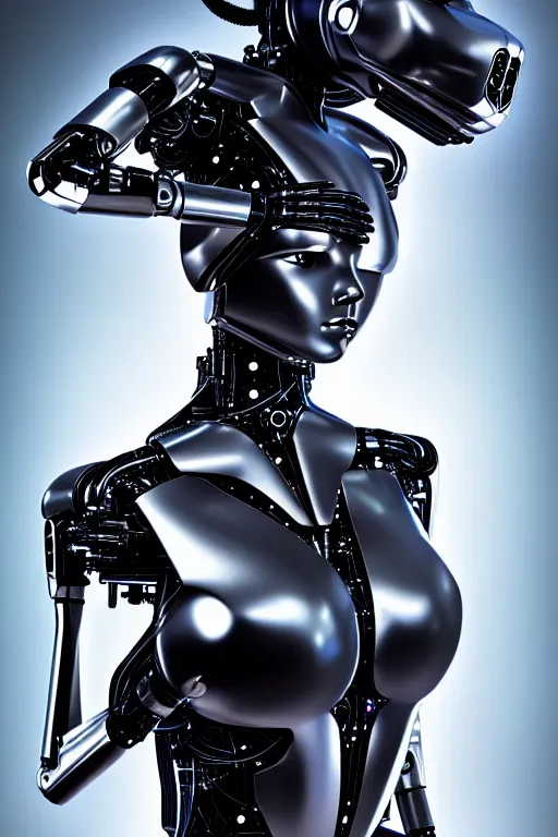 Image similar to cybernetic high tech catgirl with a cybercat on her head, sci - fi, cyberpunk, futurism, exoskeleton, strong artificial intelligence, symmetry, cinematic, elegant, luxury, professional studio light, perfect composition, dlsr photography, sharp focus, 8 k, ultra hd, sense of awe, highly detailed, hyper realistic, intricate, science journal cover