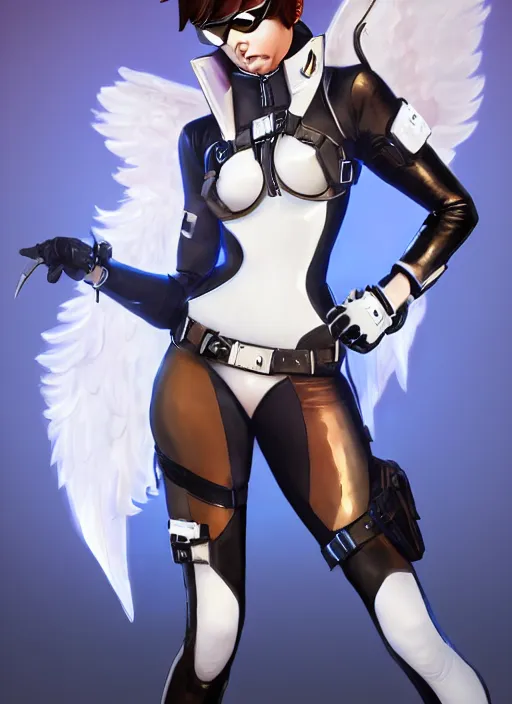 Image similar to portrait digital artwork of tracer overwatch, wearing white latex and leather straps catsuit outfit, in style of mark arian, angel wings, dramatic painting, wearing detailed leather collar, chains, black harness, detailed face and eyes,