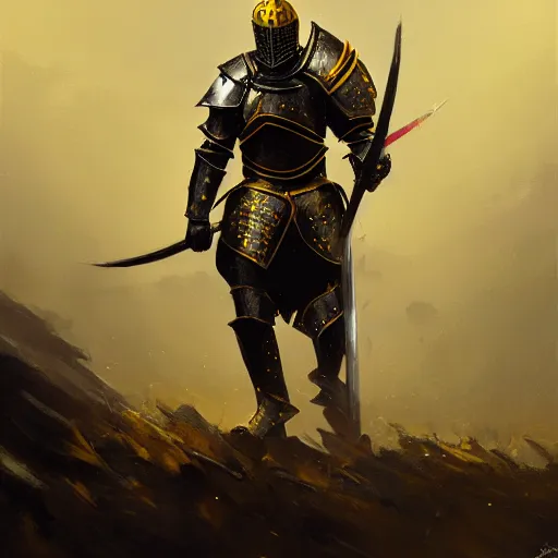 Image similar to anthropomorphic knight warrior in battle wearing black and gold plate armor, oil painting, Tooth Wu, Greg Rutkowski, RPG, dynamic lighting, fantasy art, High contrast, depth of field, landscape, scenery