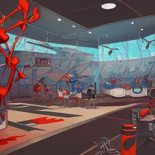 Image similar to sports news studio, concept art, wide lens, cinematic composition, iterior, detail by james jean