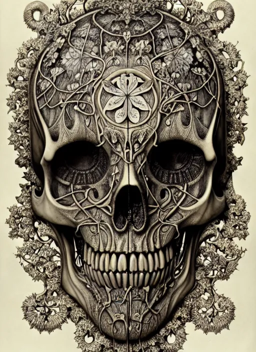 Image similar to art forms of nature by ernst haeckel, memento mori by arthur rackham, ornate antique porcelain beautiful skull mask, ultrasharp, photorealistic, hyperdetailed, octane render, polished, art nouveau, neo - gothic, gothic, intricate ornamental organic filigree, art nouveau botanicals, art forms of nature by ernst haeckel, horizontal symmetry, symbolist, visionary