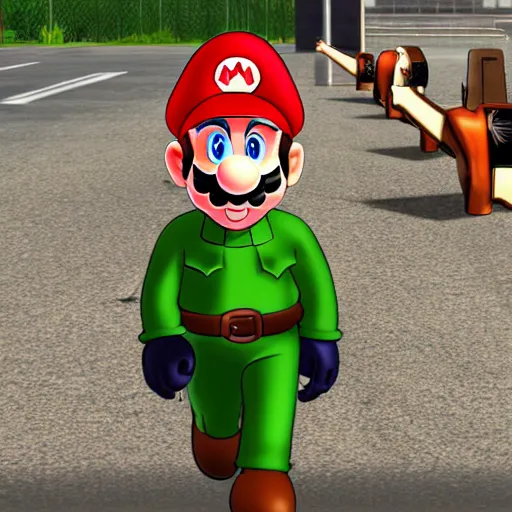 Prompt: mario as prison camp guard marching, wwii, officers uniform, cartoon style, ingame screenshot