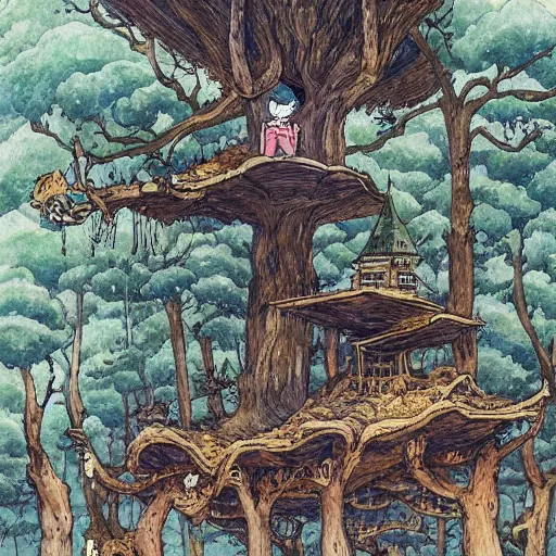 Image similar to laputa castle in the sky robot hayao miyazaki stands in a small clearing among trees, watercolor illustration for a book