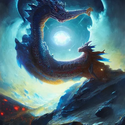 Prompt: prompt crystalline blue European dragon in space devouring a planet, sun system, nebula, oil painting, by Fernanda Suarez and and Edgar Maxence and greg rutkowski