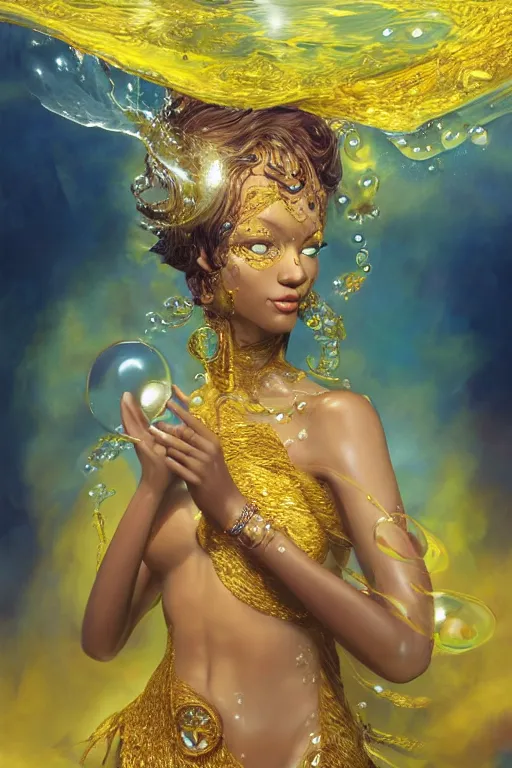 Image similar to epic 3 d oshun, goddess of beauty, liquid hands and feet spinning, 2 0 mm, with gold and yellow fresh water, melting smoothly into asymmetrical bubbles and fish, liquid, delicate, intricate, houdini sidefx, trending on artstation, by jeremy mann and ilya kuvshinov, jamie hewlett and ayami kojima