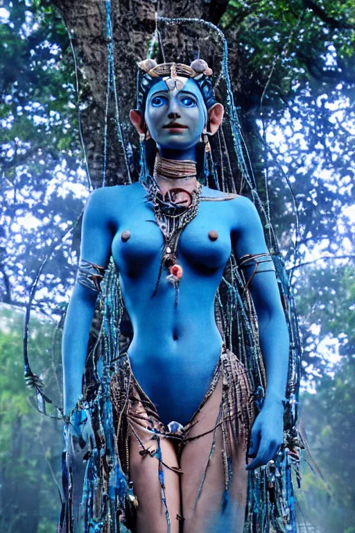 Image similar to a blue - skinned female navi from avatar wearing an elaborate outfit made out of shells wrapped in barbed wire suspended in the air between two trees, cosplay, body paint, high resolution film still, hdr color, movie by james cameron, clean composition, highly symmetric body parts, blue skin