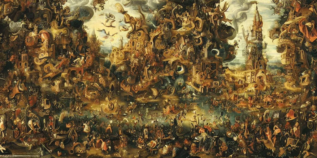 Image similar to beautiful!!! ornate heavenly!!! black!! rococo megastructure in the style of heironymus bosch, colorful intricate masterpiece, hyper detailed, hd