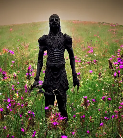 Image similar to mystical black death god figure standing in tall meadow of flowers, film photo, grainy, high detail, high resolution