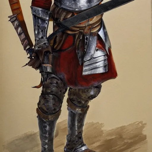 Prompt: realistic painting character portrait young scarred captain knight with a steel breastplate, short brown hair and stubble. straight nose, brown eyes, lean face and build. holding a longsword with a longbow on his back. hyper detailed