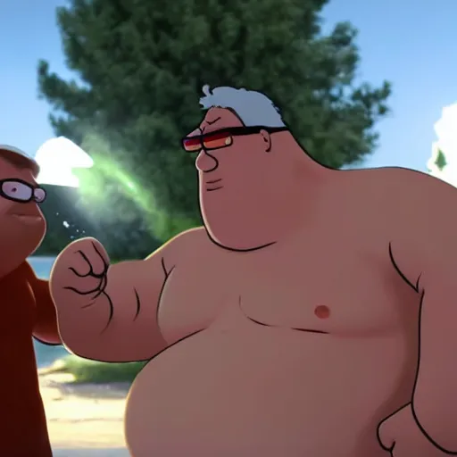 Image similar to real life Peter Griffin in a fist fight with giant chicken man, photorealistic, cinematic lighting, action movie, still frame from an action movie, highly detailed