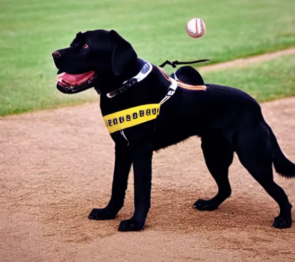 Prompt: A black labrador dog wearing baseball gear