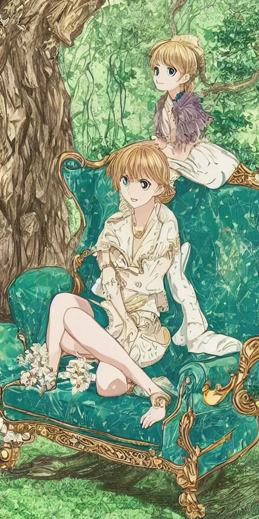 Prompt: the queen of good vibes sitting by herself on a sofa in a forest, drawn by CloverWorks, intricate detail, elegant,