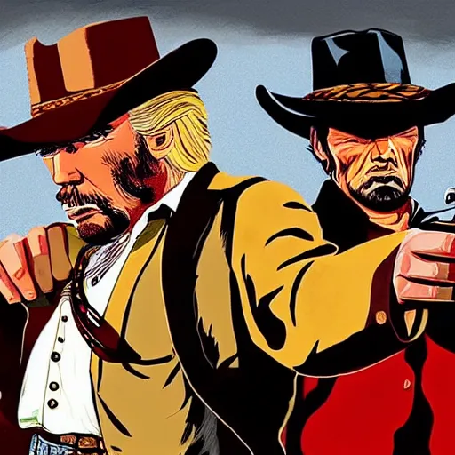 Image similar to a cowboy in the style of red dead redemption, lucky luke, the good, the bad and the ugly, clint eastwood, steven seagal, donald trump, glory days, patriotism