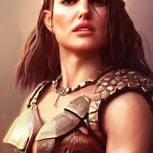 Image similar to portrait of natalie portman as a barbarian warrior, au naturel, hyper detailed, digital art, trending in artstation, cinematic lighting, studio quality, smooth render, unreal engine 5 rendered, octane rendered, art style by klimt and nixeu and ian sprigger and wlop and krenz cushart.