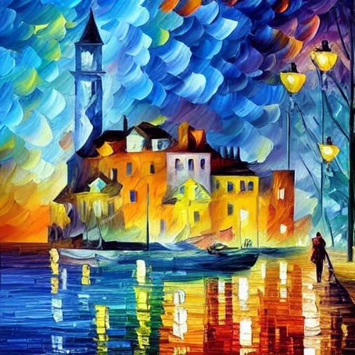 Prompt: beautiful cityscape of a seaside village in the style of leonid afremov