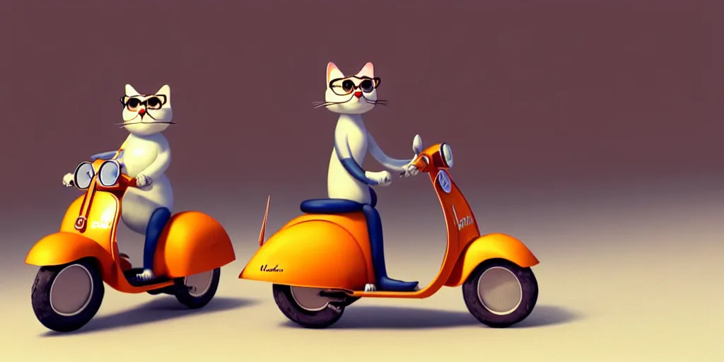 Prompt: a cute cat on a vespa wearing retro aviator pilot glasses goggles, pixar animation studio, sharp render