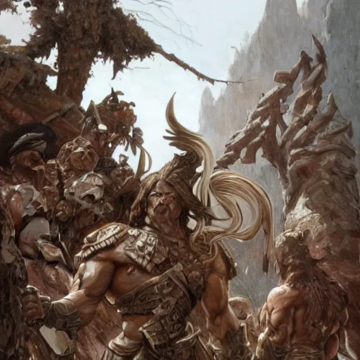 Image similar to muscular ogre - like fierce warrior with tree - bark skin wearing intricate stone and wood armor, towering above a group of soldiers, battlefield, highly detailed, digital painting, artstation, concept art, smooth, sharp focus, illustration, art by artgerm and greg rutkowski and alphonse mucha