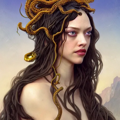 Image similar to Amanda Seyfried as Medusa, snakes for hair, olive skin, long dark hair, beautiful bone structure, intricate, elegant, highly detailed, digital painting, artstation, concept art, smooth, sharp focus, illustration, art by artgerm and greg rutkowski and alphonse mucha and Chris Achilleos