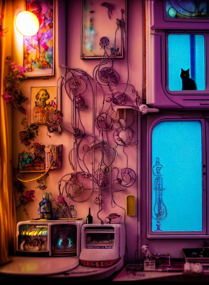 Image similar to telephoto 7 0 mm f / 2. 8 iso 2 0 0 photograph depicting the feeling of chrysalism in a cosy safe cluttered french sci - fi ( ( art nouveau ) ) cyberpunk apartment in a pastel dreamstate art cinema style. ( cat ) ( ( fish tank ) ), ambient light.