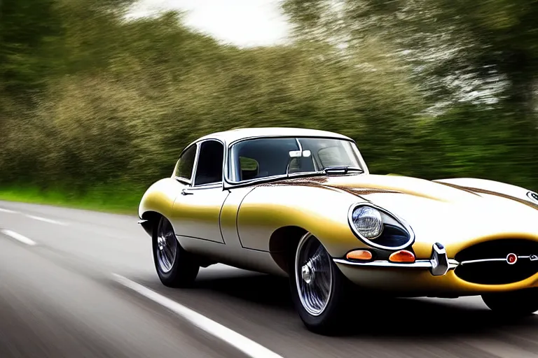 Prompt: award winning photo of an ultra detailed high quality electric!! jaguar e - type!! car, with carbon fiber wrap, low suspension, speeding very fast along an english country road, fast shutter speed, motion blur, tiny gaussian blur, highly detailed, highly intricate, depth of field, trending on top gear, full car body, wide angle lens