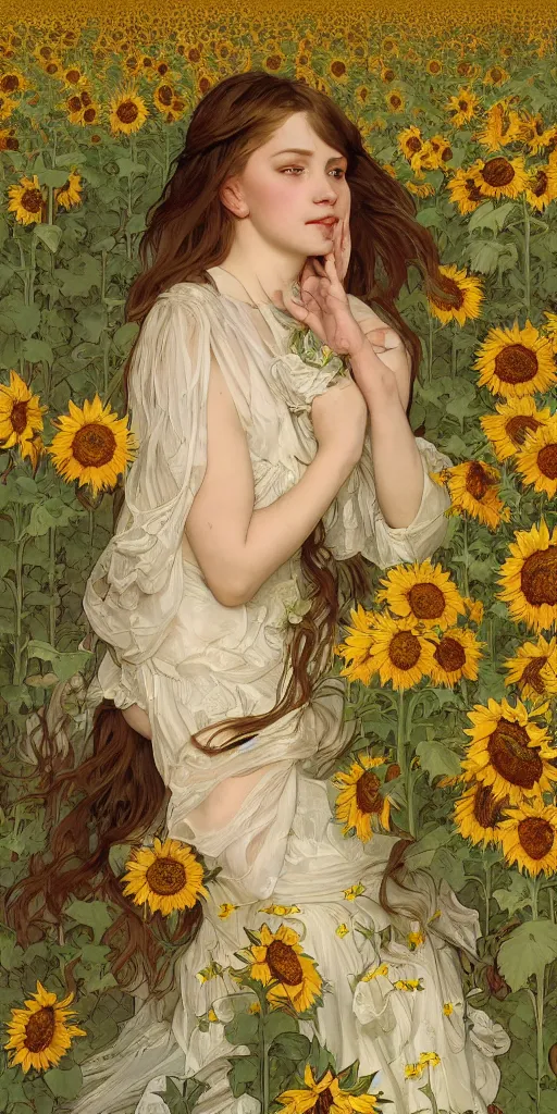 Prompt: a girl in an artistic resting pose covered in lace intricate translucent loosen cloths surrounded by beautiful sunflowers and meadows, highly detailed digital by artgerm, wlop, by alphonse mucha painting