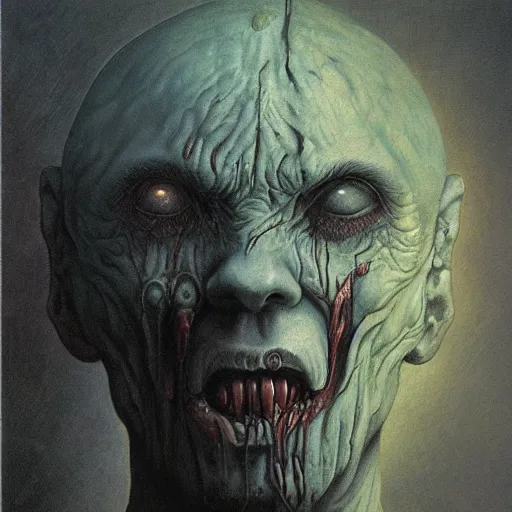 Image similar to portrait of crazed zealot by gerald brom, background by zadzislaw beksinski