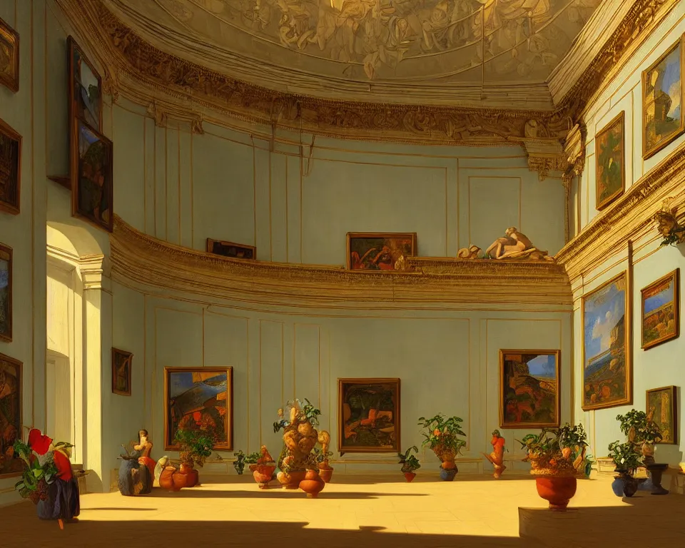 Prompt: an achingly beautiful print of the interior of a baroque art museum with vibrant paintings along the walls, classical antiquities, and potted plants by Raphael, Hopper, and Rene Magritte. detailed, romantic, enchanting, trending on artstation.