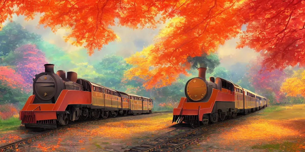 Image similar to A beautiful illustration of beautiful Hogwarts train, autumn, leaves, trees, steam, iridescent, pink, golden, orange, smoke, wide angle, by makoto shinkai, Wu daozi, very detailed, deviantart, 8k, wallpaper, tropical, colorful, airy, anime illustration, anime nature wallpap