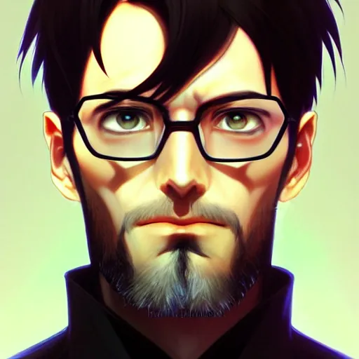 Prompt: portrait of gendo ikari evangelion, male, thin pursed lips, sharp jaw light black hair soft hair swept back short length hair, anime, fantasy, intricate, elegant, highly detailed, digital painting, artstation sharp focus, hunterpedia madonna art by artgerm and ruan jia and ross tran