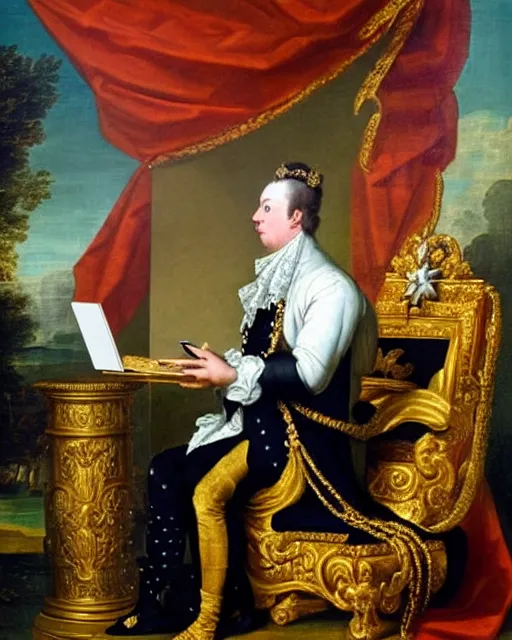 Image similar to 1 7 0 0 s painting royal portrait of the king of england checking his twitter feed on his cellphone while sitting on his throne gold crown