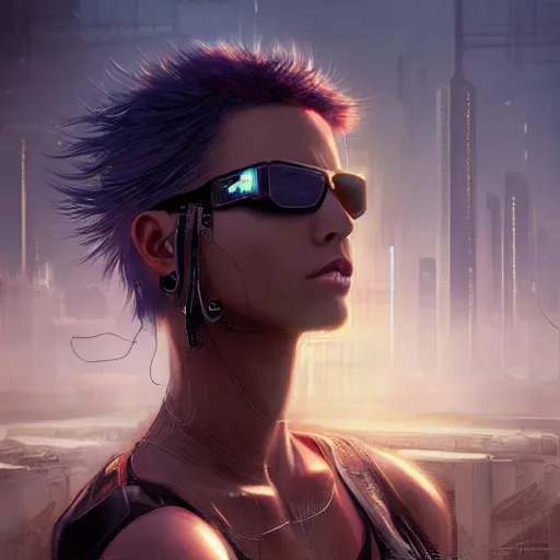 Prompt: portrait of a beautiful cyberpunk woman, sunglasses, medium shag haircut, street samurai, sunset, neuromancer, cyberpunk city background, megacity, gorgeous view, depth, painted by seb mckinnon, high detail, digital art, painted by greg rutkowski, trending on artstation