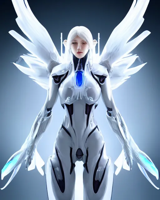 Image similar to perfect white haired alien being with huge white dove wings, warframe armor, beautiful, symmetric, dreamy, half asian, pretty face, blue eyes, detailed, scifi platform, laboratory, experiment, 4 k, ultra realistic, epic lighting, android body, illuminated, cinematic, masterpiece, art by akihito tsukushi, voidstar