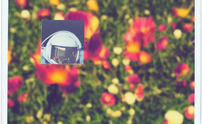 Prompt: analog folded polaroid of an astronaut seen from behind, standing in a field full of colourful flowers, color bleed