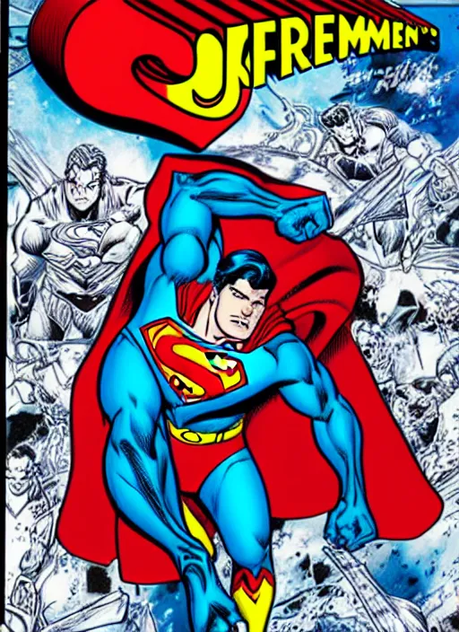 Image similar to 1 9 9 8 issue of jla cover depicting superman by ed mcguinness, masterpiece ink illustration,