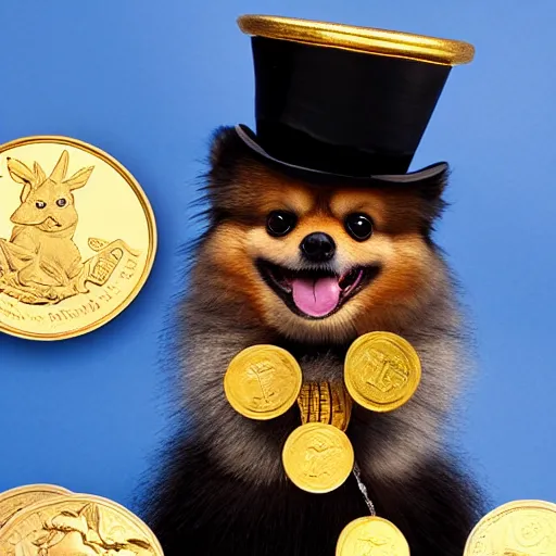 Image similar to A pomeranian wearing a top-hat, sitting on top of a large pile of gold coins