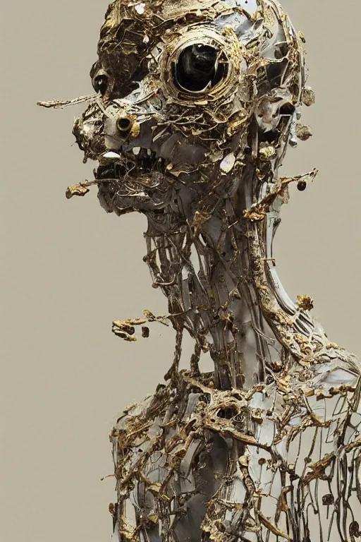 Image similar to A boney thin humanoid with teared viscose clothes wearing a carved mineral mask with tiny mineral and gold incrustations. By tom purvis, emil melmoth, zdzislaw belsinki, Craig Mullins, yoji shinkawa, white gold color scheme, featured on artstation, beautifully lit, Peter mohrbacher, zaha hadid, hyper detailed, insane details, intricate, elite, ornate, elegant, luxury, dramatic lighting, CGsociety, hypermaximalist, golden ratio, environmental key art, octane render, weta digital, micro details, 3d sculpture, structure, ray trace 4k