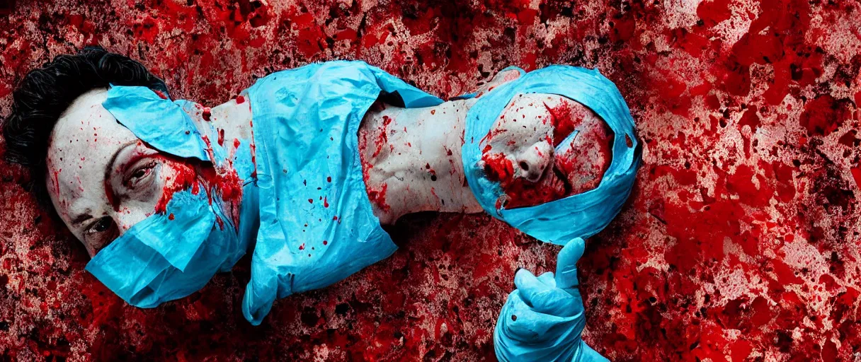 Image similar to filmic dutch angle movie still 4k UHD 35mm film color photograph of a freshly severed head with a pained expression, wearing a surgical mask , head is sideways on the floor soaked in blood, in the style of an extreme grotesque splatter horror movie