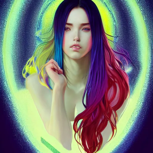 Image similar to portrait of beautiful symmetrical anime girl, rainbow hair, attractive, casual, modern, victoria's secret, highly detailed, digital painting, artstation, concept art, smooth, sharp focus, illustration, art by artgerm, greg rutkowski and alphonse mucha, 8 k,