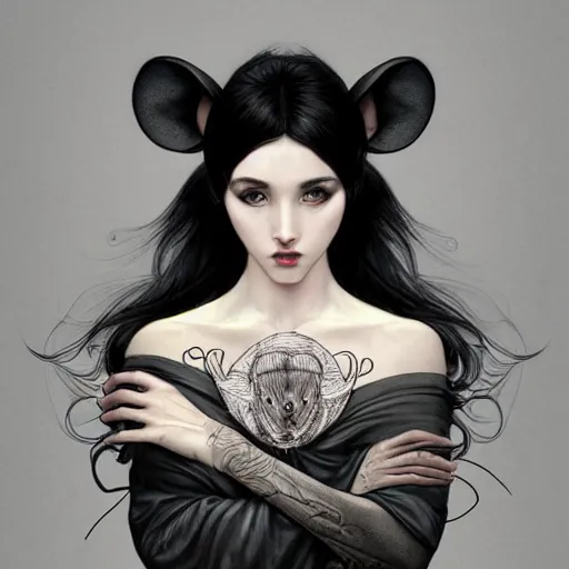 Image similar to a photograpic portrait of a anthropomorphic mouse wearing black clothes, black hair, grey skin, grey mouse ears, fantasy, intricate, elegant, highly detailed, digital painting, artstation, smooth, sharp focus, illustration, art by artgerm and H R Giger and alphonse mucha