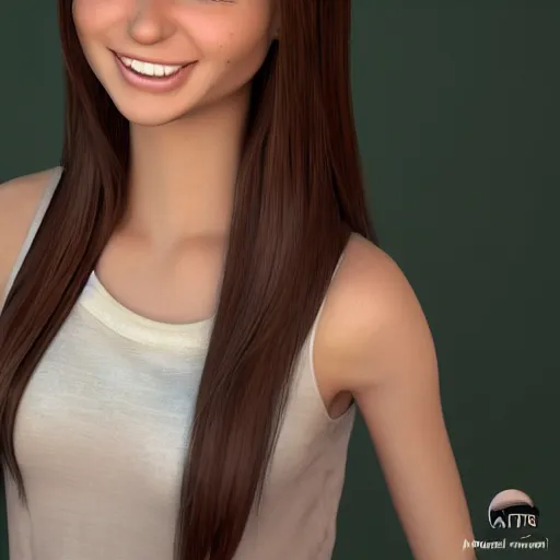 Image similar to Render of April, a cute 3D young woman, long shiny bronze brown hair, full round face, green eyes, medium skin tone, light cute freckles, light blush, smiling softly, wearing casual clothing, interior lighting, cozy living room background, medium shot, mid-shot, hyperdetailed, hyperreal, trending on Artstation, Unreal Engine, 4k