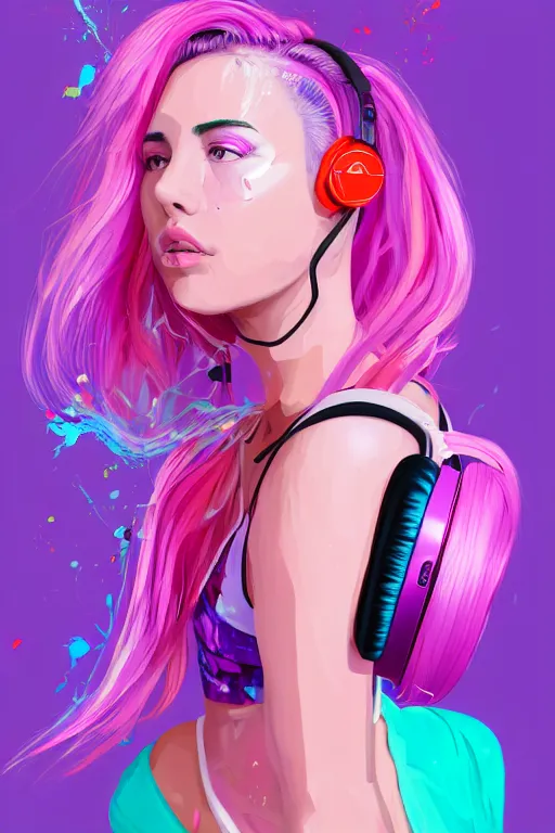 Image similar to a award winning half body portrait of a beautiful woman in a croptop and cargo pants with ombre purple pink teal hairstyle with head in motion and hair flying listenin to music on headphones by wlop, paint splatter, outrun, vaporware, shaded flat illustration, digital art, trending on artstation, highly detailed, fine detail, intricate