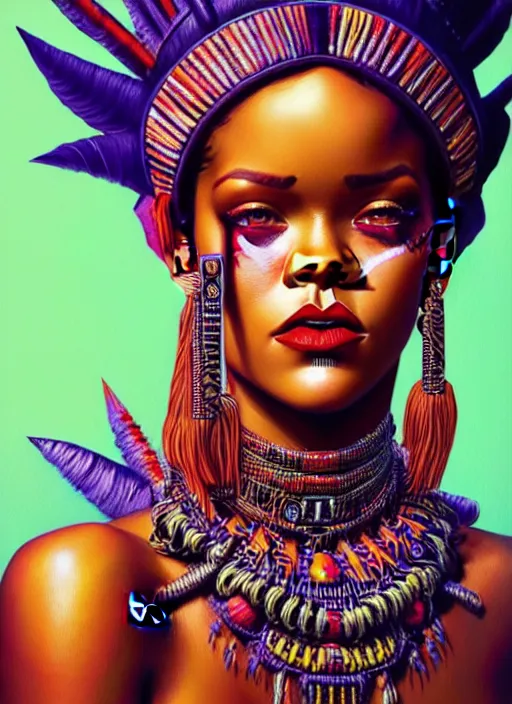 Image similar to portrait of rihanna, hyper detailed ultra sharp aztec shaman warrior. trending on artstation, warpaint aesthetic, bloodwave, colorful, psychedelic, ornate, intricate, digital painting, concept art, smooth, sharp focus, illustration, art by artgerm and greg rutkowski and h. r. giger, 8 k