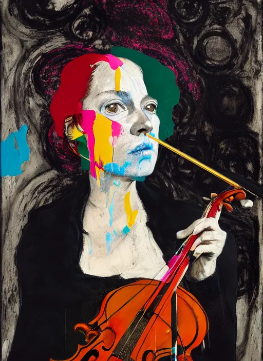 Image similar to front view of woman standing with violin down painted by vincent lefevre and hernan bas and thomas houseago and pat steir and hilma af klint, psychological, photorealistic, symmetrical face, dripping paint, washy brush, rendered in octane, altermodern, masterpiece