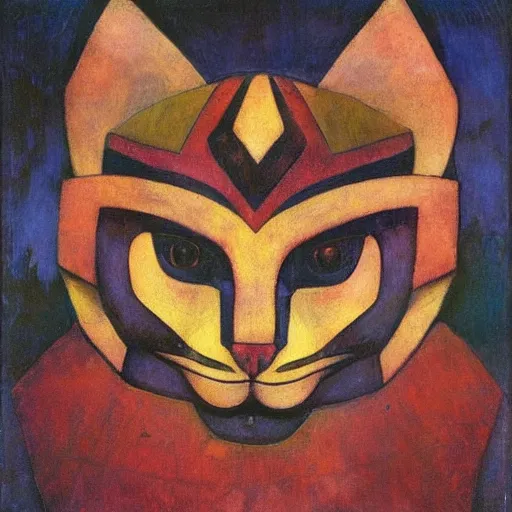 Prompt: polychrome cat head sculpture, by annie swynnerton and diego rivera and nicholas roerich, symbolist, dramatic lighting, god rays, elaborate geometric ornament, art brut, rich colors, smooth sharp focus, extremely detailed, adolf wolfli