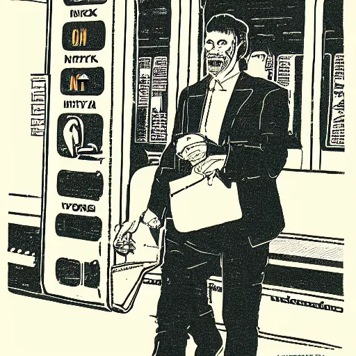 Image similar to a risograph print of a man walking into a New York City subway station