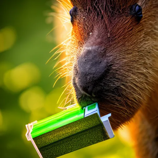 Image similar to cute capybara eating a neon nvidia gpu, chewing on a video card, cooling fans, cyberpunk, wildlife photography, bokeh, golden hour, sharp focus, 3 5 mm, taken by sony a 7 r, 4 k, award winning