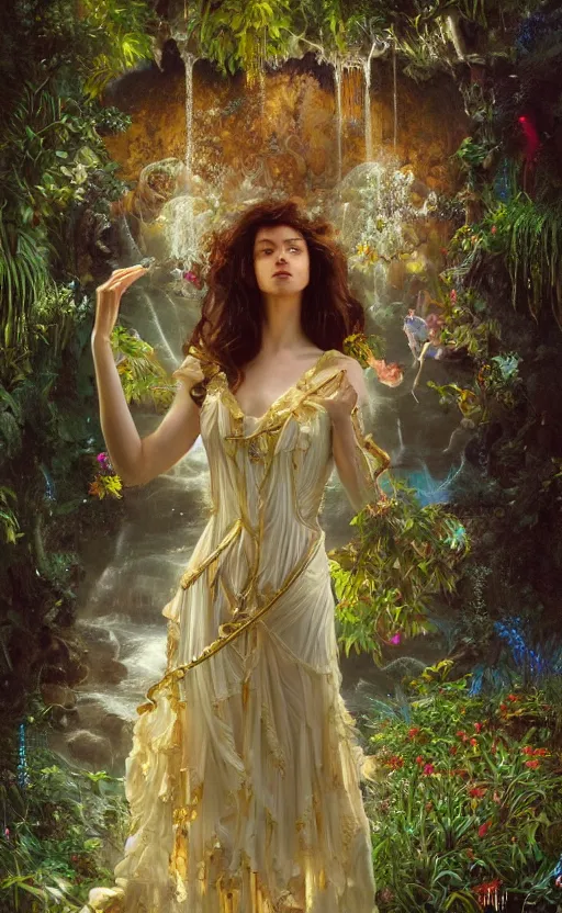 Image similar to hyper realistic photographer looking through a vintage medium format camera, taking pictures, magic pouring from lens, fantasy castle, full body waterfall water dress, design on white background, beautiful details, lush foliage cyberpunk, gold, drawn by john singer sargent, tom bagshaw, norman rockwell, alphonso mucha, lolish, trending on artstation