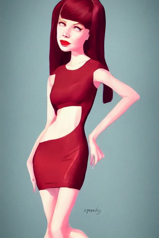 Image similar to full length including face illustration of very beautifully female looking like angelina jolly, shy pose, with amazing body figure, wearing tight short dress, tails haircut, digital painting, trending on art station and devian art, pop art, low polygons illustration